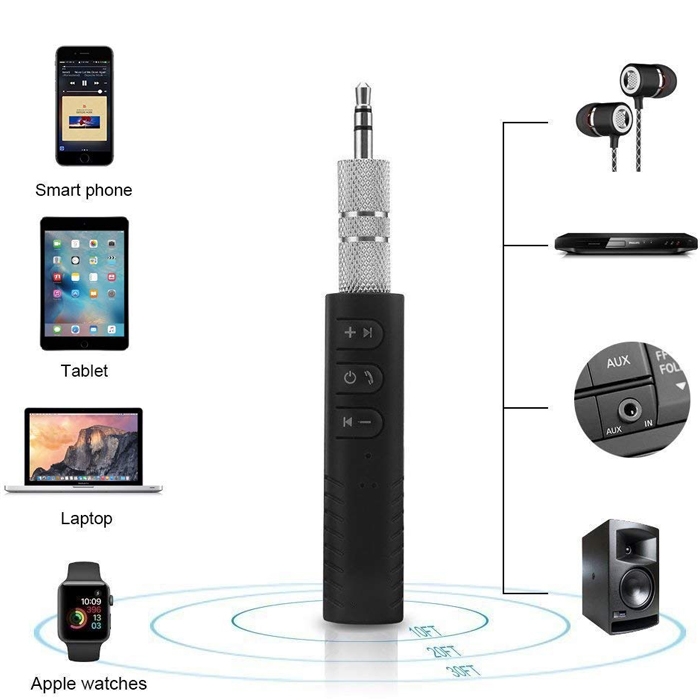 Universal 3.5mm Jack Car Bluetooth V4.1 Hands Free Music Audio Receiver Adapter With Mic AUX Kit Compatible All Android and iOS Devices, BT 450