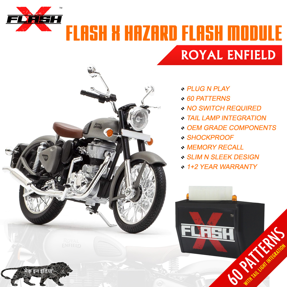 Flash X Hazard Flash Module for Royal Enfield Motorcycles, Plug & Play 60 Blinking Patterns with Tail Light Integration