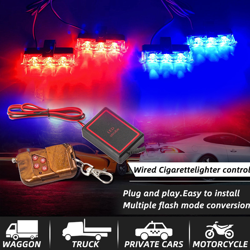 12 LED Red/ Blue Police Flashing Strobe Light for All Car Front Grill,  Police Warning Lights with Wireless Remote Control