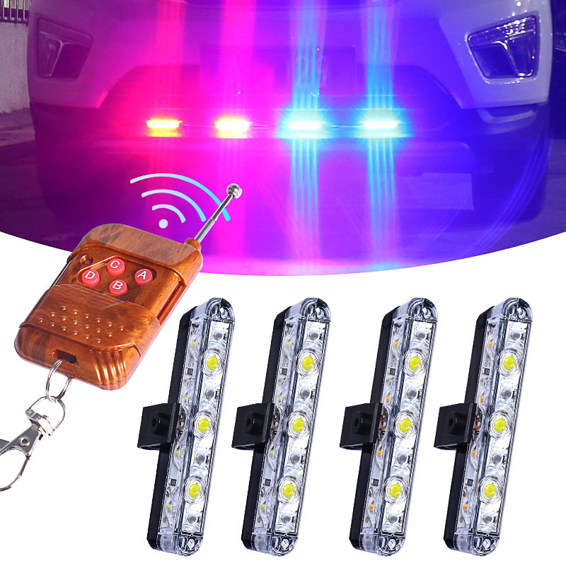 12 LED Red/ Blue Police Flashing Strobe Light for All Car Front Grill, Police Warning Lights with Wireless Remote Control