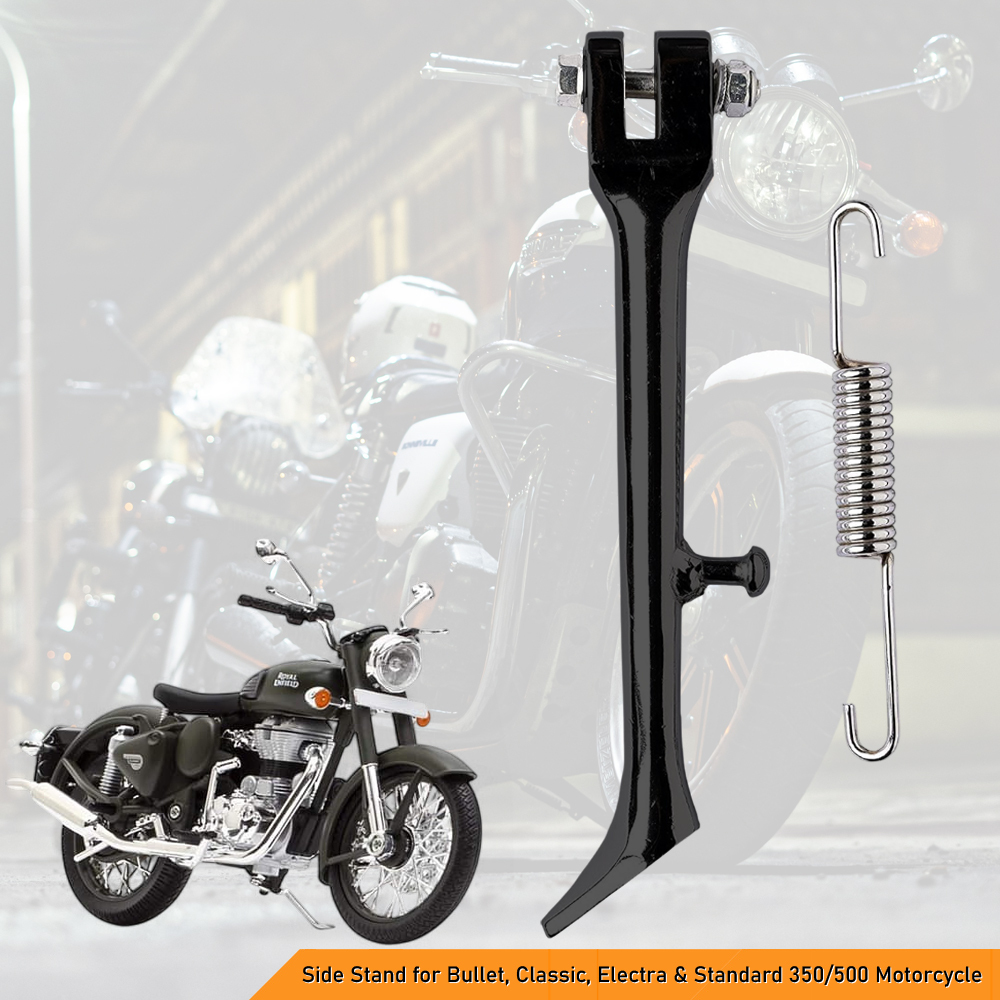 Heavy Duty Durable Stainless Steel Side Stand for Bullet, Classic, Electra & Standard 350/500 Motorcycles with Spring - Black (2013 to 2020 Models)