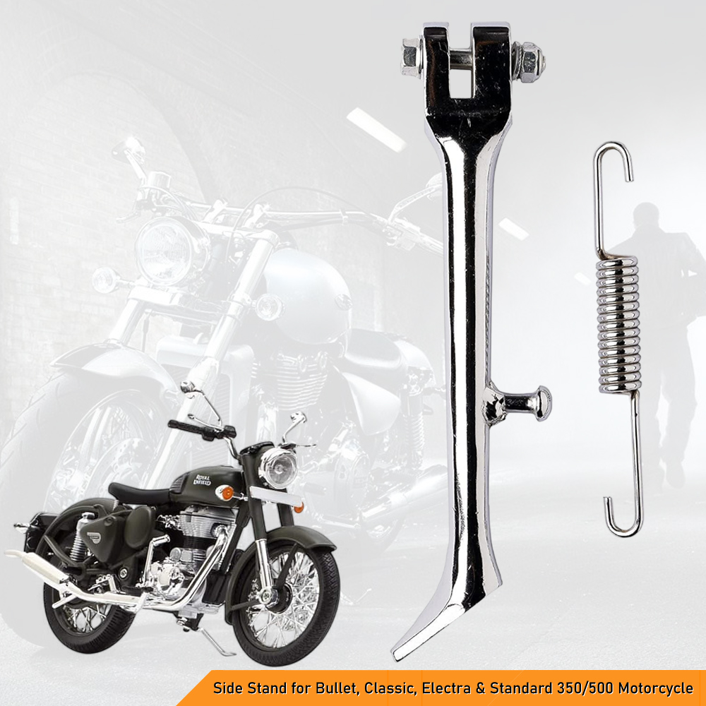 Heavy Duty Stainless Steel Side Stand with Spring - Chrome Finish - Compatible with Royal Enfield Bullet, Classic, Electra & Standard 350/500 (2013-2020)