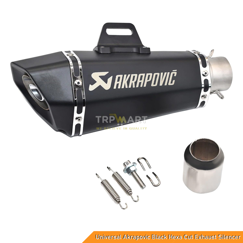 Universal Akrapovic Black Hexa Cut Exhaust, Stainless Steel Slip On Exhaust Silencer 36-51mm Muffler Pipe for all Bikes/ Motorcycle