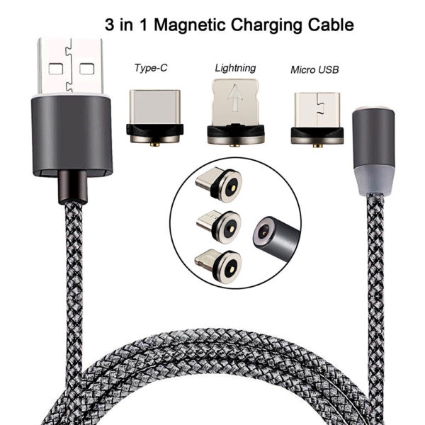 3 in 1 Magnetic Charging Cable USB to Type C/ Micro USB/ iOS Mobiles Fast Charging Cable 1M Nylon Braided with LED Indicator for iPhone & Android (Assorted Colour)