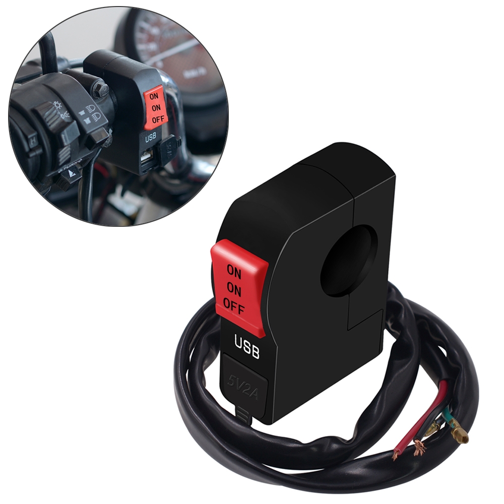 12V Universal 22mm 7/8" Motorcycle Handlebar Dual ON/ OFF Switch Button with USB Charging Port (2 Amp), 5 Wire Connectors