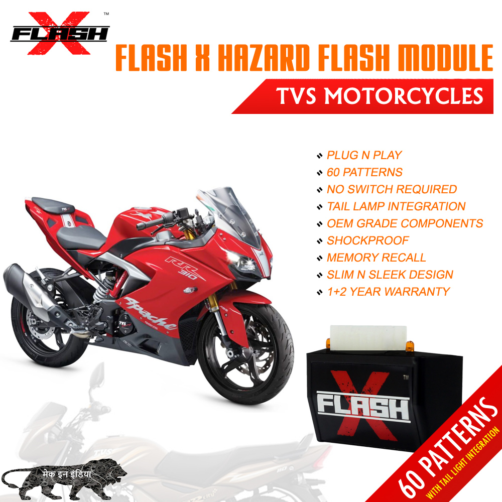 Flash X Hazard Flash Module for TVS Motorcycles/ Scooter, Plug & Play 60 Blinking Patterns with Tail Light Integration