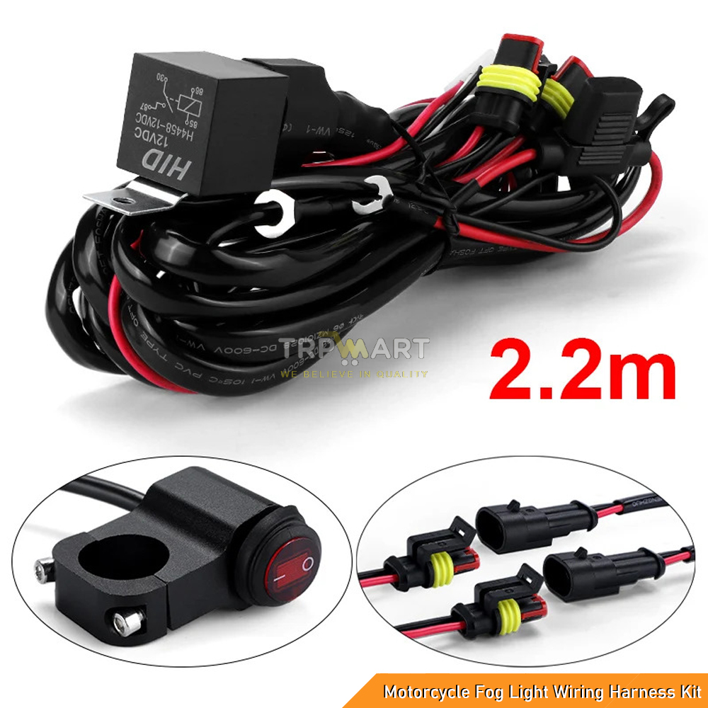 12V Motorcycle Fog Light Wiring Harness Kit with 80A Relay, Waterproof On/Off Switch & Fuse | 2-Wire 2.2M Cable for Fog Light, LED Spotlight, Headlight & HID Kit