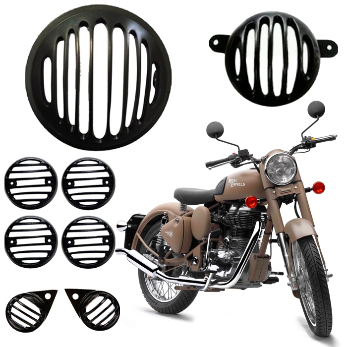 PVC Black Headlight Grill Cover Set for Royal Enfield Classic 350 & 500/ Bullet, 8 Pcs Combo of Head Light, Indicators, Eagle Eyes & Tail Light Grills