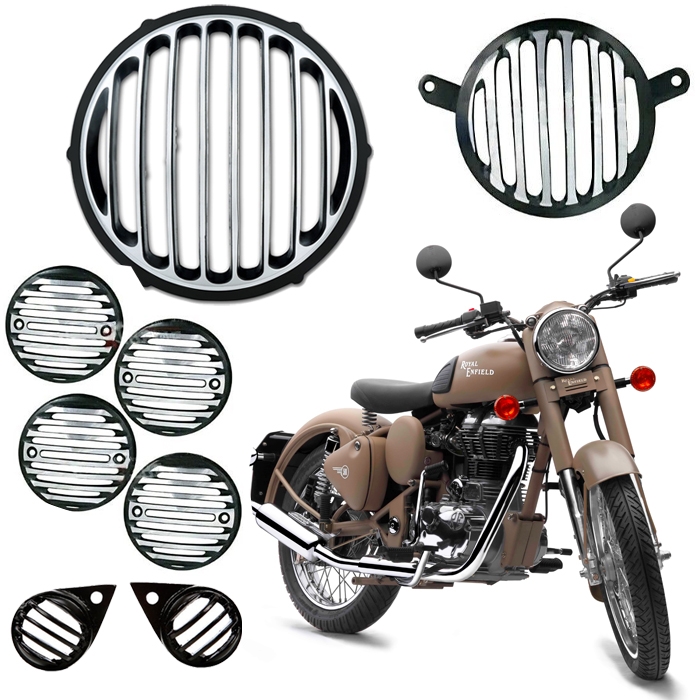 Black & Chrome Headlight Grill Cover Combo Set for Royal Enfield Classic 350 & 500/ Bullet/ Electra, 8 Pcs Combo of Head Light, Indicators, Eyes & Tail Light Grills