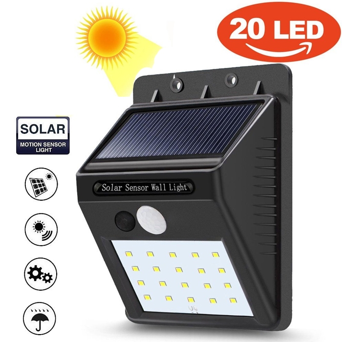 20 LED Bright Waterproof Solar Wireless Security Motion Sensor LED Night Light for Outdoor/ Garden Wall (Black)