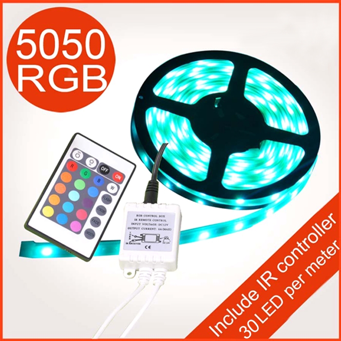 5 Meter RGB 5050 SMD LED Strip, 150 LED Flexible Strip With 24 Key IR Remote Controller & 12 Volt Supply