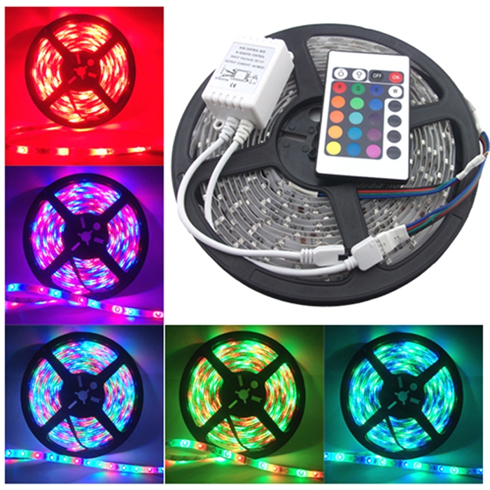 5 Meter RGB 3528 Waterproof 300 LED Flexible Strip With 24 Key IR Remote Controller & 12 Volt Supply