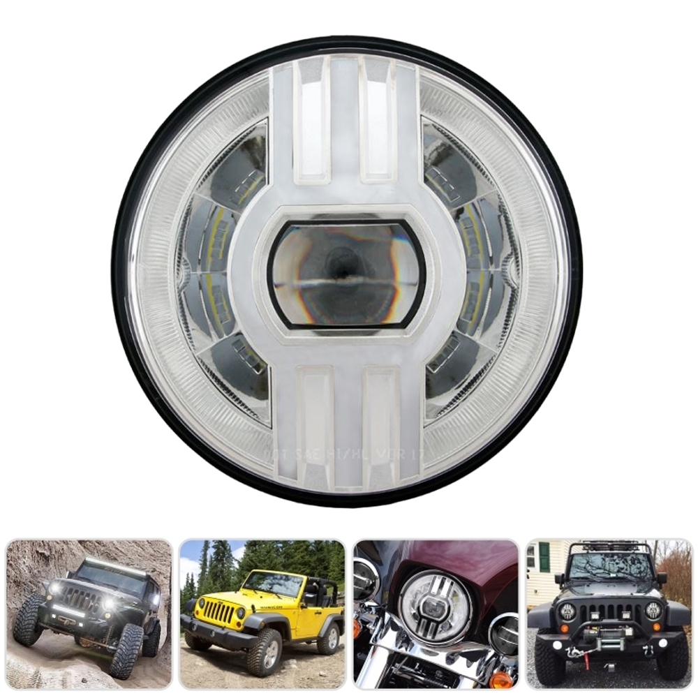 7 Inch High Low Beam Trinetra Projector 60W Led Headlight with White, Yellow DRL Indicator & H4 Connector, Widely Used 9-32V DC for Royal Enfield, Harley & Thar Jeep