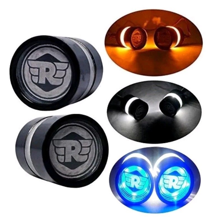 Handlebar End LED Blue Indicators & White DRL Light for Royal Enfield Bullet, Handlebar Weight for Royal Enfield