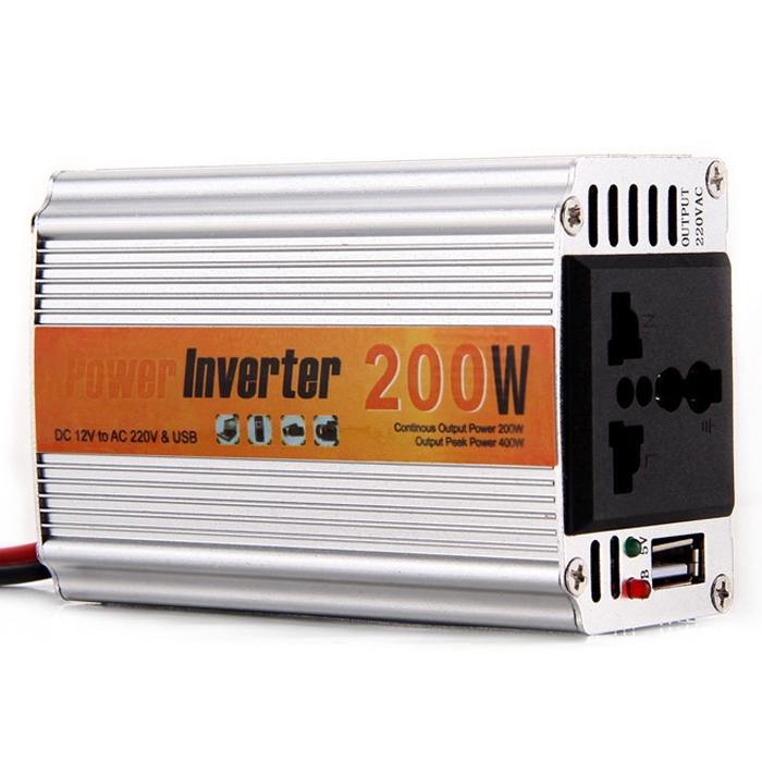 200 Watt Car Auto Converter/ Inverter 12V DC to 220V AC + USB 5V For For Home, Car, School Bus DVR Camera, Solar Panel, Color TV, Mobile Charger, CFL