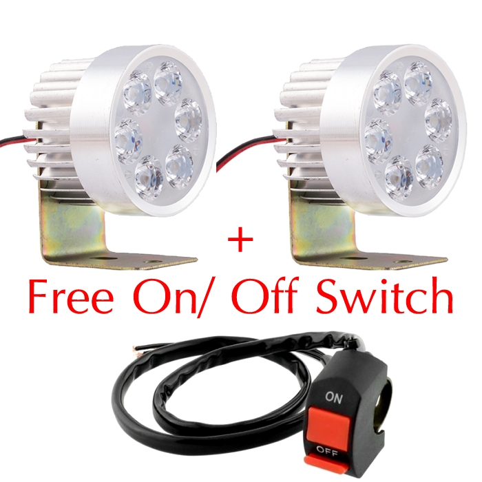 Round 6 LED Light/ FOG Light/ Spot Light/ DRL Light Lamp for Bikes & Cars, 1 Pair + Free ON/OFF Switch