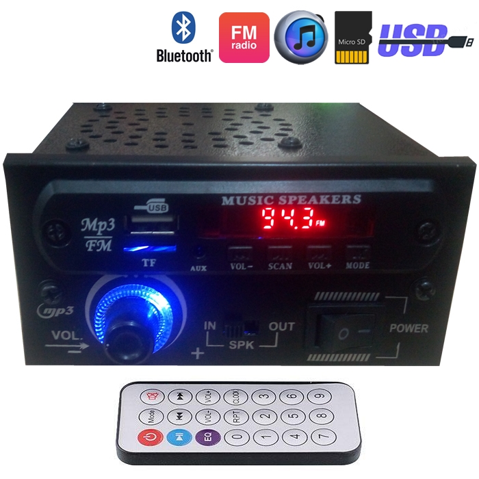 Bluetooth AC/DC Stereo Audio Amplifier MP3 Player Module With Speaker, SD Card, USB, FM Radio, AUX in With Fully Remote Control