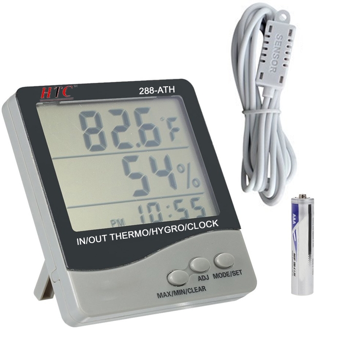 HTC Instrument 288-ATH Digital Hygro/ Thermometer/ Temperature Meter With Clock Large 3 Line LCD Display & 3 Meters Sensor Probe