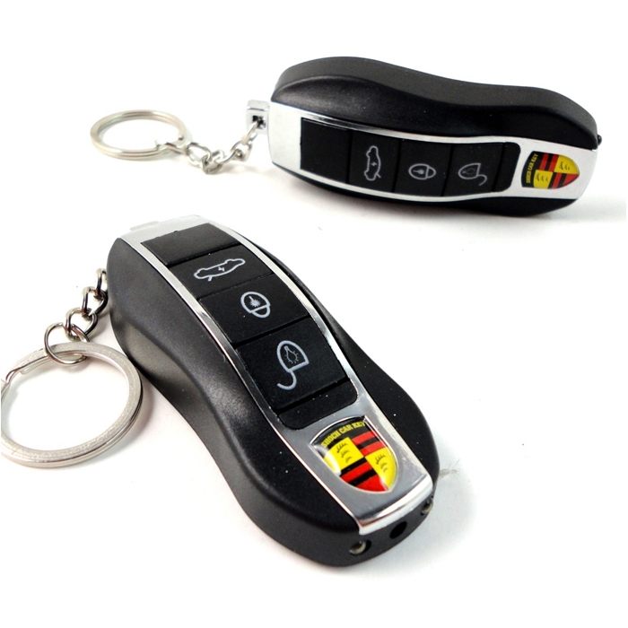 4 in 1 Porsche Shaped Electric Shock Keychain, Fake Remote Control Keychain for Car/ Bike Shock Key Ring (LED Torch + Laser Light + Shock + Key Ring)