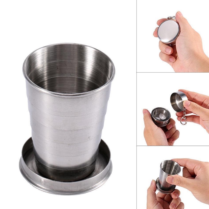 Collapsible Stainless Steel Pocket Drinking Glass/ Pocket Cup for Outdoor Travel Camping, Folding Collapsible Cup Metal Telescopic Keychain 75ml