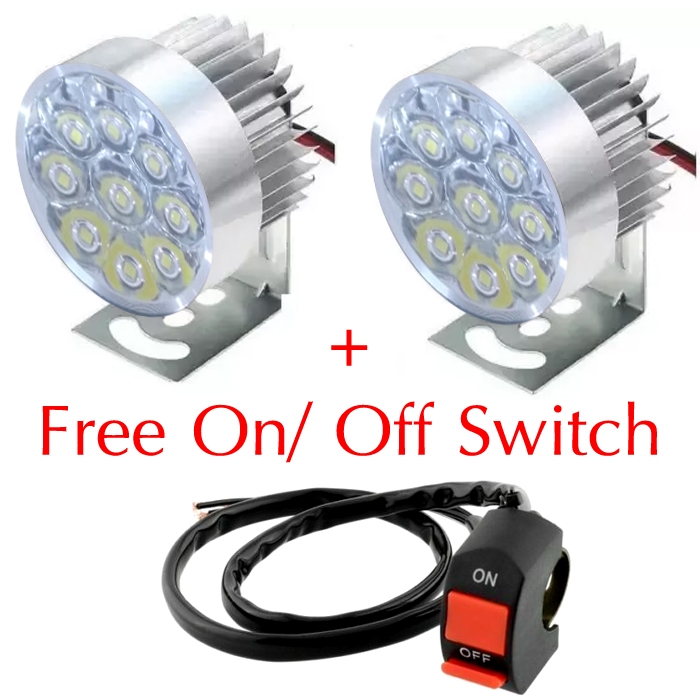 Round 9 LED Light/ FOG Light/ Spot Light/ DRL Light Lamp for Bikes & Cars, 1 Pair + Free ON/OFF Switch