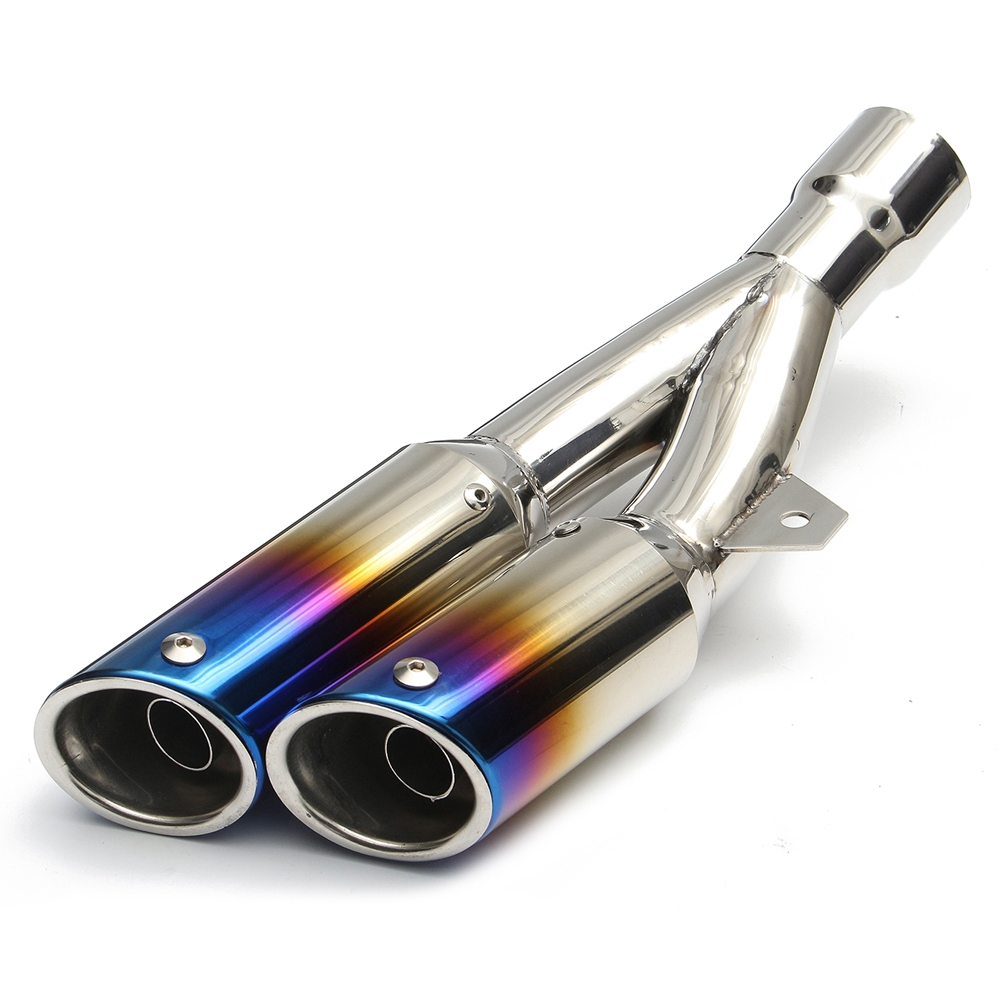 Universal Chrome Rainbow Blue Stainless Steel Double Twin Tip Tailpipe Exhaust Silencer with 36-51mm Muffler Pipe for all Bikes/ Motorcycle