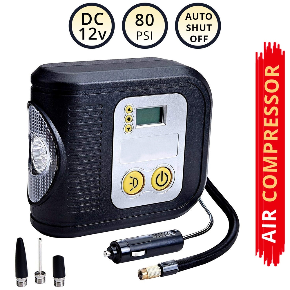 Portable 12V Digital Tyre Inflator Auto Cut off Air Compressor with LED Light Torch & 3 Different Nozzle (80 PSI)